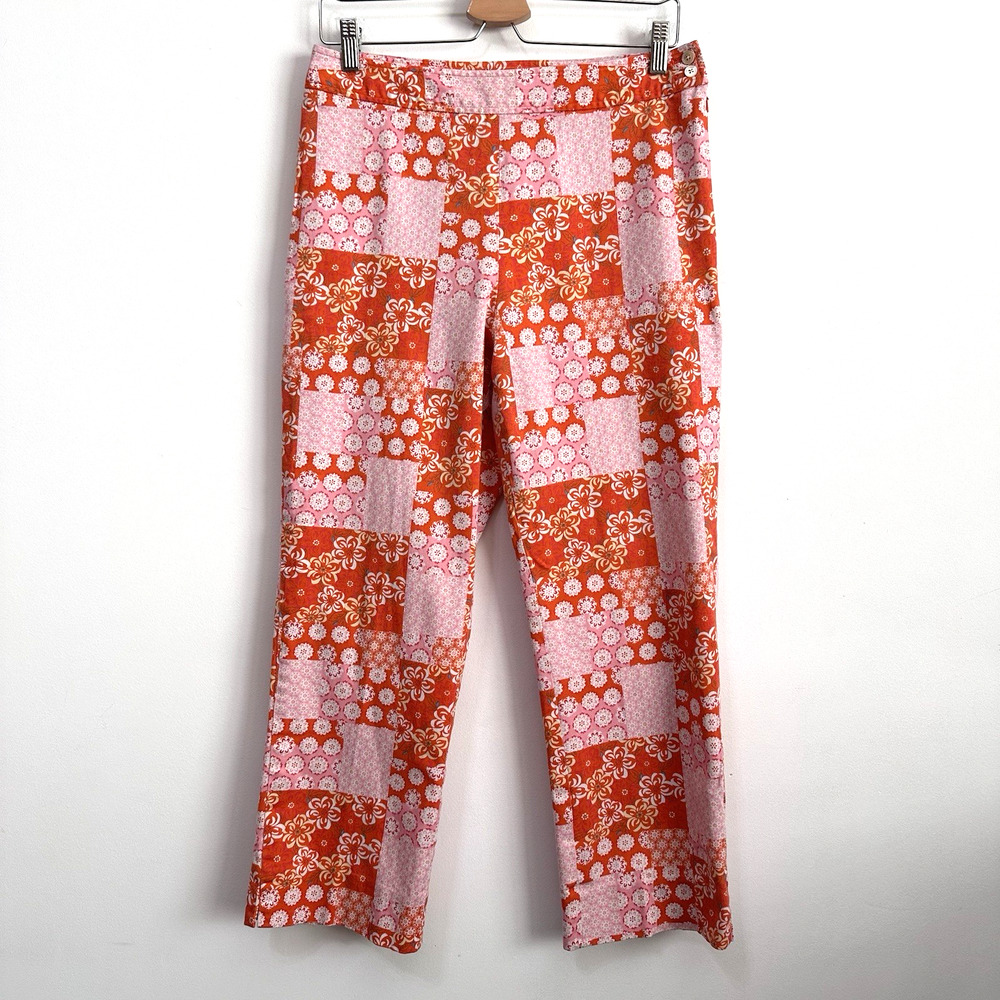 Harolds Pants 10 Orange Pink Patchwork Side Zip 30 x 25 Crop Boho Straight Party